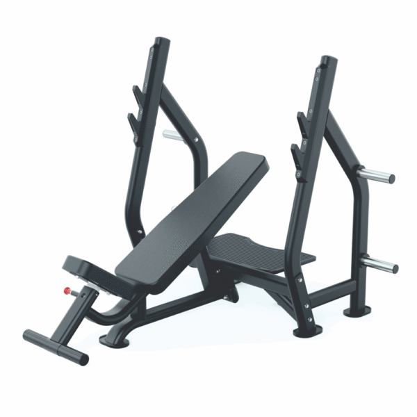 Adjustable Olympic weight bench with sturdy steel frame and barbell rack for strength training